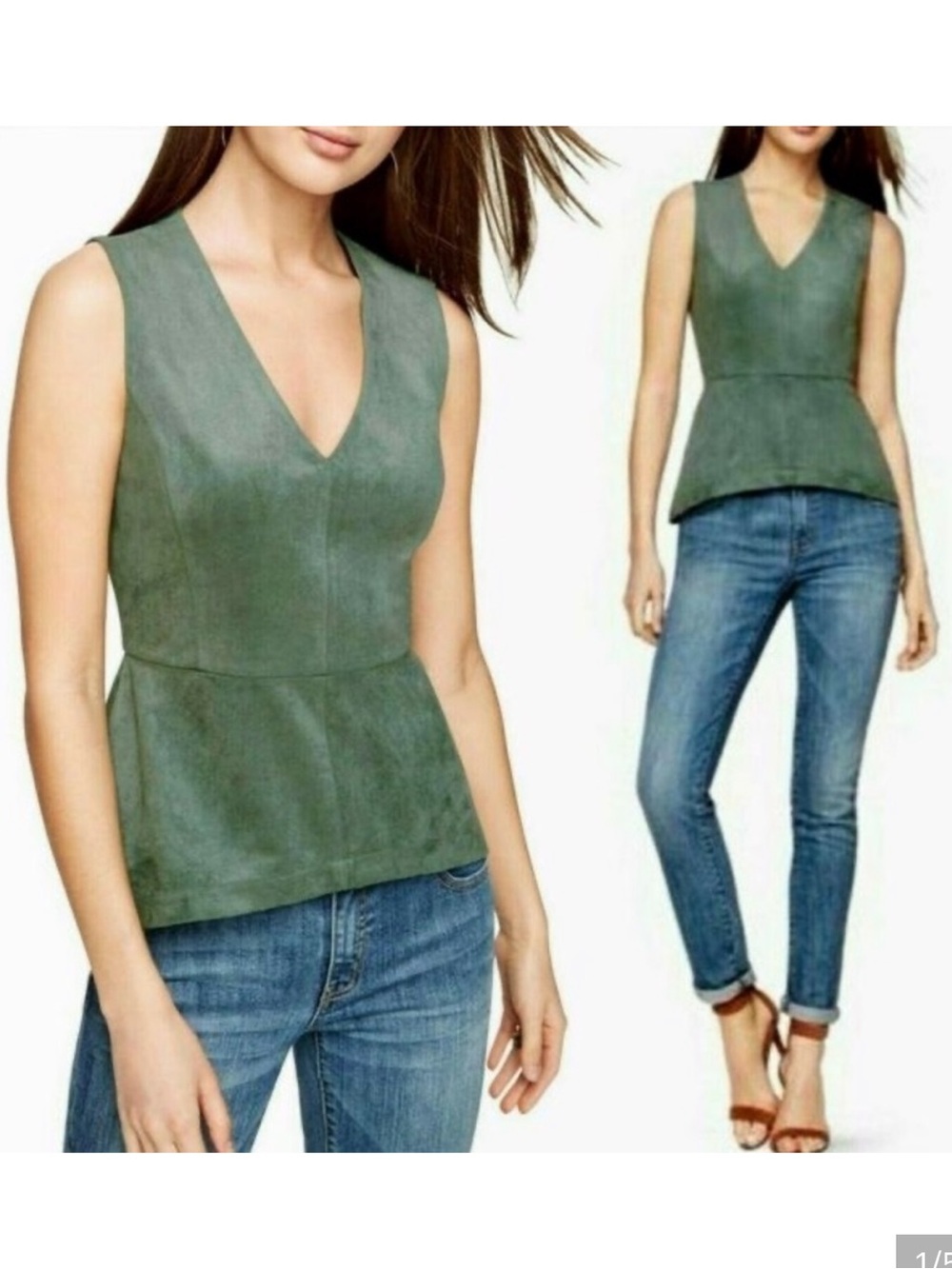 BCBGMaxAzria Sleeveless V-Neck Peplum Top in Sage Green